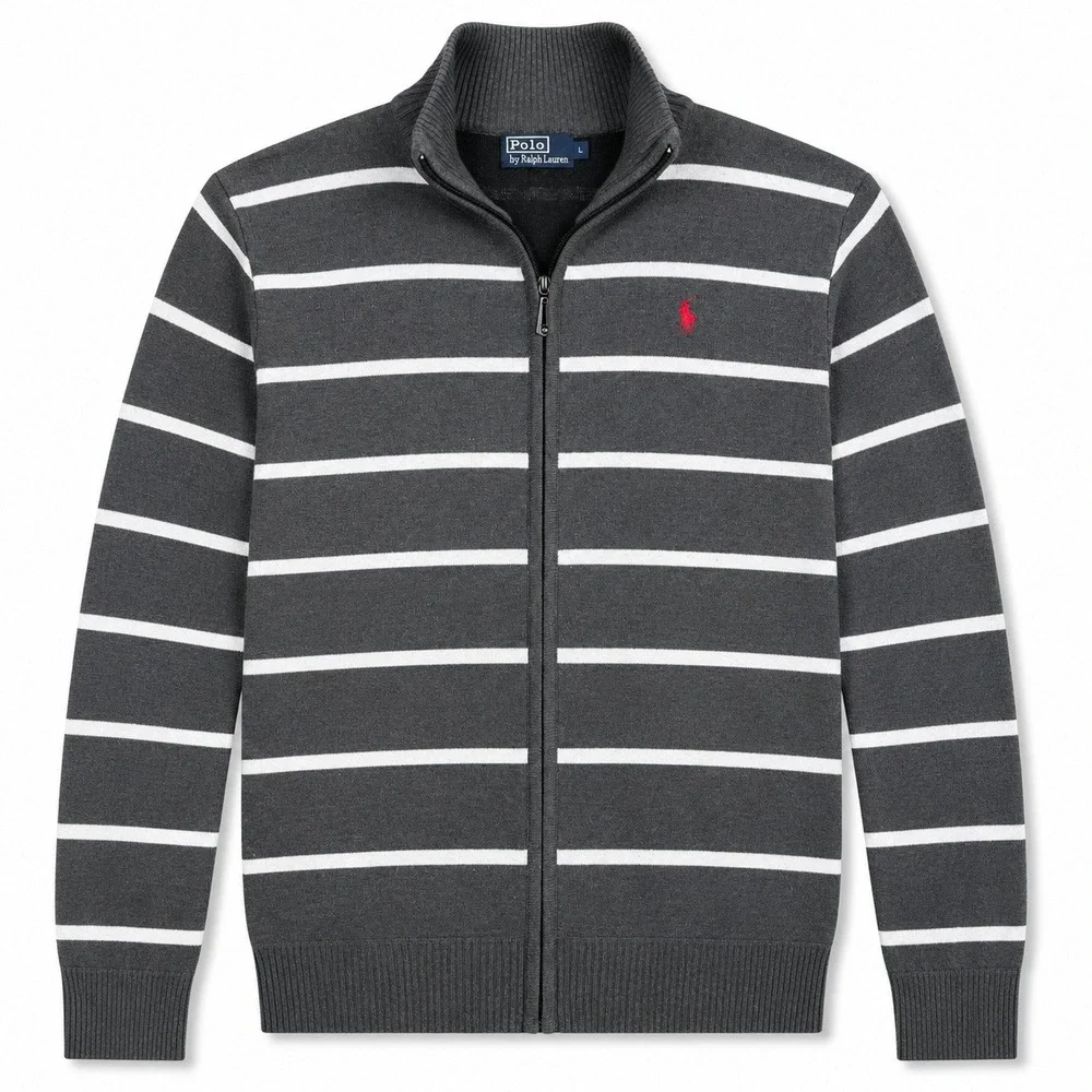Vintage Polo Ralph Lauren Full Zip Sweater Men L Gray White Stripe Red Pony Golf